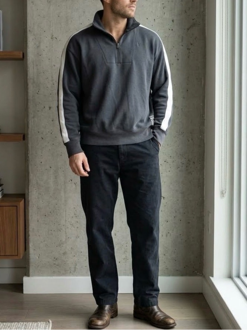 Polo Ralph Lauren Gray Half Zip Striped Sleeve Fleece Pullover Sweatshirt M 0126